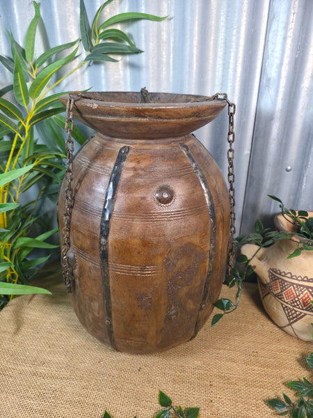 Vintage Antique Wabi Sabi Rustic Hanging Nepalese Wooden Water Curd Pot Vase