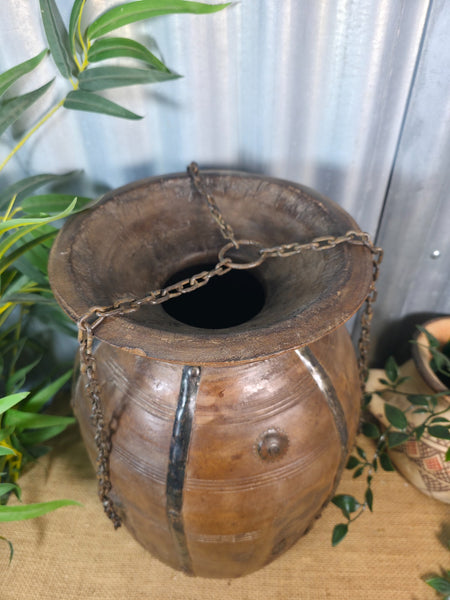 Vintage Antique Wabi Sabi Rustic Hanging Nepalese Wooden Water Curd Pot Vase
