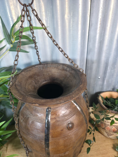 Vintage Antique Wabi Sabi Rustic Hanging Nepalese Wooden Water Curd Pot Vase