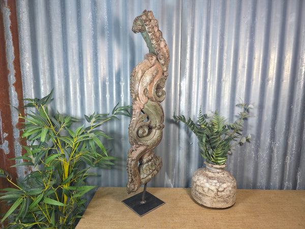Antique 19th Century Indian Hand Carved Wooden Architectural Corbel On Stand