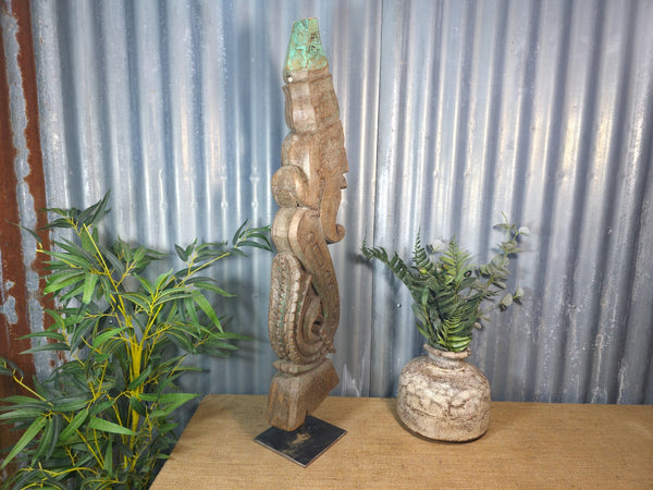 Antique 19th Century Indian Hand Carved Wooden Architectural Corbel On Stand