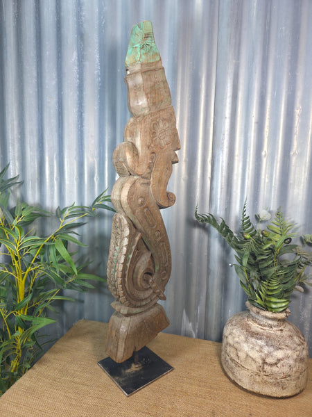 Antique 19th Century Indian Hand Carved Wooden Architectural Corbel On Stand