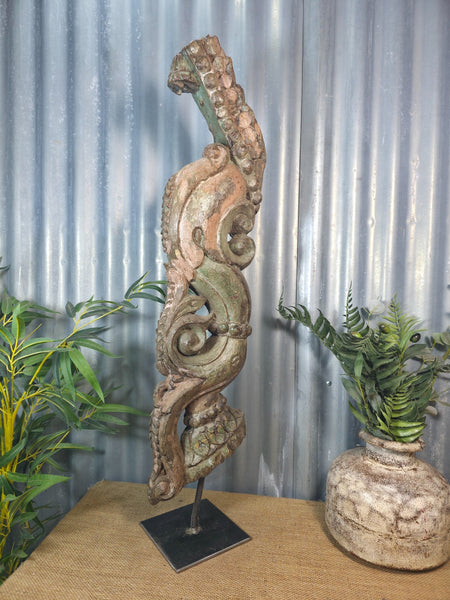 Antique 19th Century Indian Hand Carved Wooden Architectural Corbel On Stand