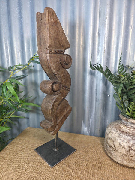 Antique 19th Century Indian Hand Carved Wooden Architectural Corbel On Stand