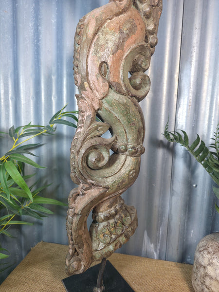 Antique 19th Century Indian Hand Carved Wooden Architectural Corbel On Stand