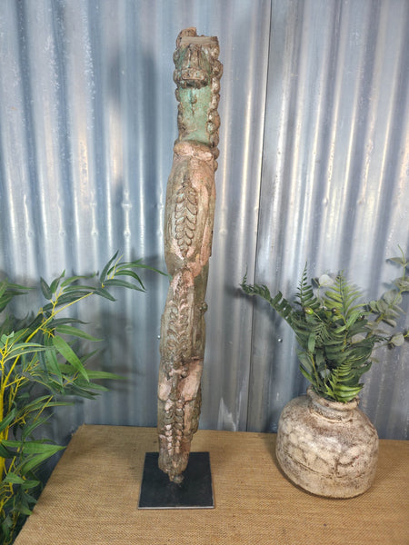 Antique 19th Century Indian Hand Carved Wooden Architectural Corbel On Stand