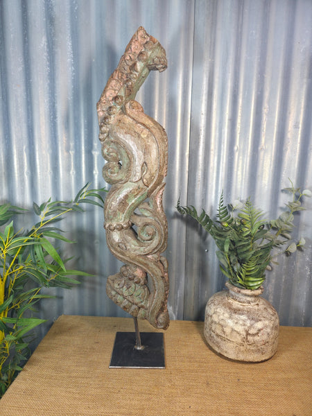 Antique 19th Century Indian Hand Carved Wooden Architectural Corbel On Stand
