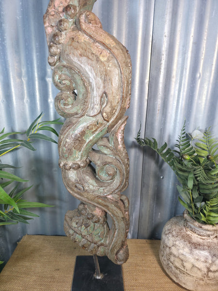 Antique 19th Century Indian Hand Carved Wooden Architectural Corbel On Stand