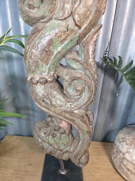 Antique 19th Century Indian Hand Carved Wooden Architectural Corbel On Stand