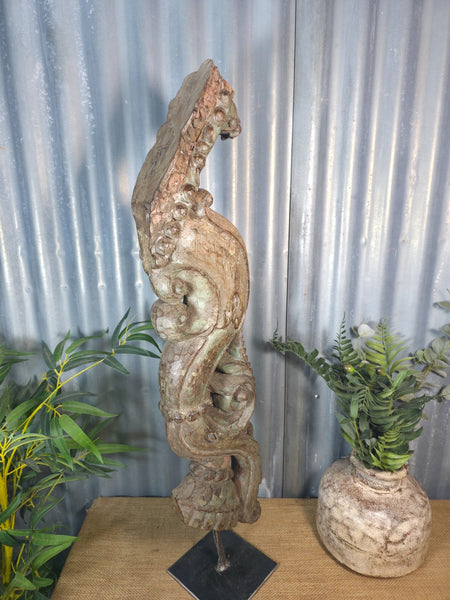 Antique 19th Century Indian Hand Carved Wooden Architectural Corbel On Stand