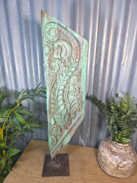 Antique 19th Century Indian Hand Carved Wooden Architectural Corbel On Stand