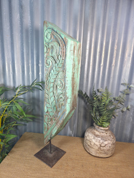 Antique 19th Century Indian Hand Carved Wooden Architectural Corbel On Stand