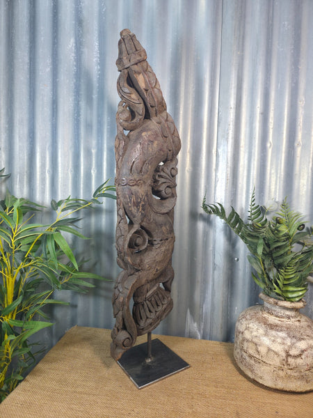 Antique 19th Century Indian Hand Carved Wooden Architectural Corbel On Stand