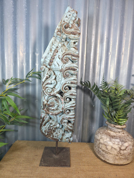 Antique 19th Century Indian Hand Carved Wooden Architectural Corbel On Stand