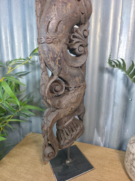 Antique 19th Century Indian Hand Carved Wooden Architectural Corbel On Stand