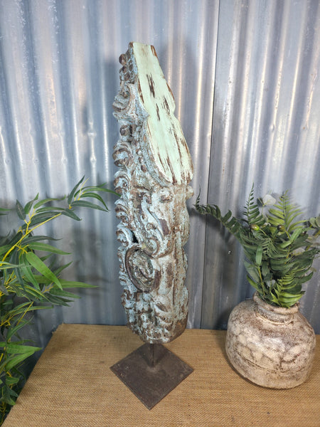 Antique 19th Century Indian Hand Carved Wooden Architectural Corbel On Stand