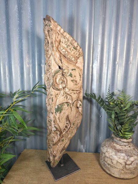 Antique 19th Century Indian Hand Carved Wooden Architectural Corbel On Stand