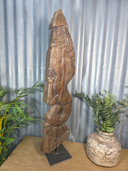 Antique 19th Century Indian Hand Carved Wooden Architectural Corbel On Stand