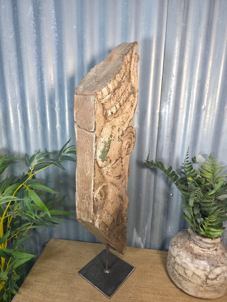 Antique 19th Century Indian Hand Carved Wooden Architectural Corbel On Stand