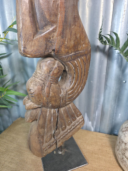 Antique 19th Century Indian Hand Carved Wooden Architectural Corbel On Stand