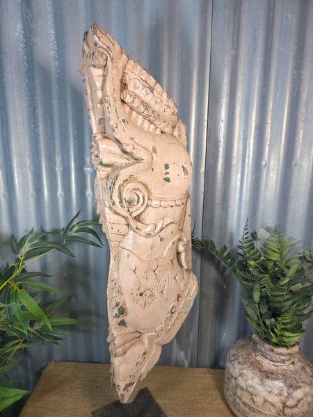 Antique 19th Century Indian Hand Carved Wooden Architectural Corbel On Stand