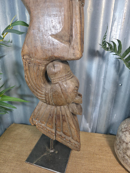 Antique 19th Century Indian Hand Carved Wooden Architectural Corbel On Stand