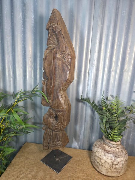 Antique 19th Century Indian Hand Carved Wooden Architectural Corbel On Stand