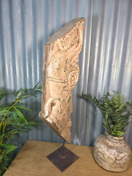 Antique 19th Century Indian Hand Carved Wooden Architectural Corbel On Stand