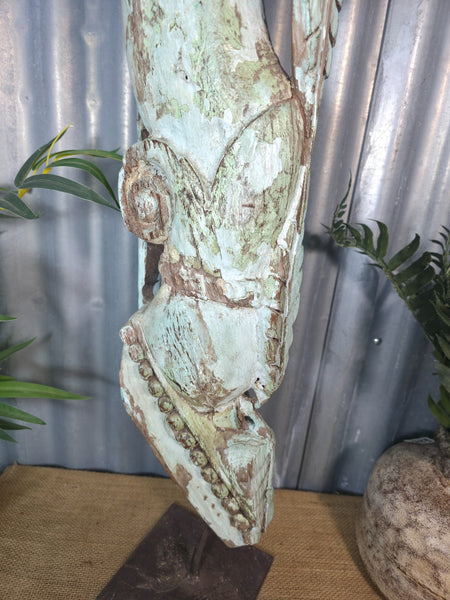 Antique 19th Century Indian Hand Carved Wooden Architectural Corbel On Stand