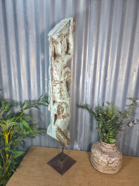 Antique 19th Century Indian Hand Carved Wooden Architectural Corbel On Stand