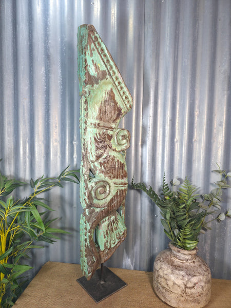 Antique 19th Century Indian Hand Carved Wooden Architectural Corbel On Stand