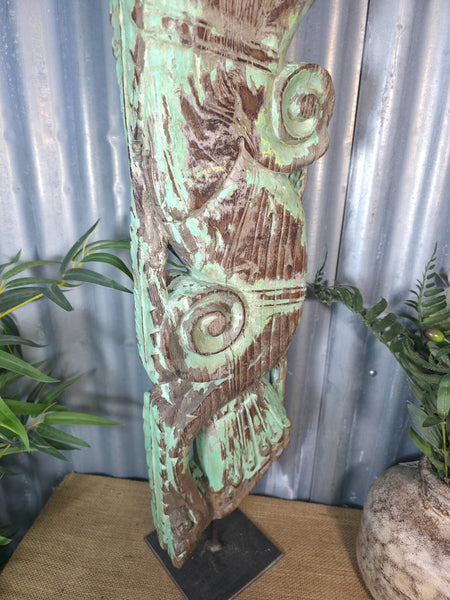 Antique 19th Century Indian Hand Carved Wooden Architectural Corbel On Stand