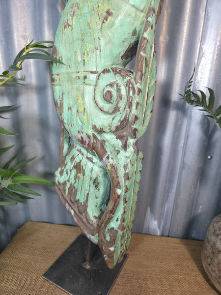 Antique 19th Century Indian Hand Carved Wooden Architectural Corbel On Stand