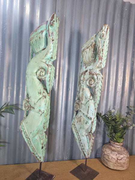 Pair Of Antique 19th Century Indian Hand Carved Wooden Architectural Corbels