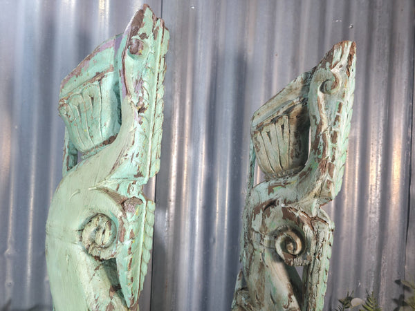 Pair Of Antique 19th Century Indian Hand Carved Wooden Architectural Corbels