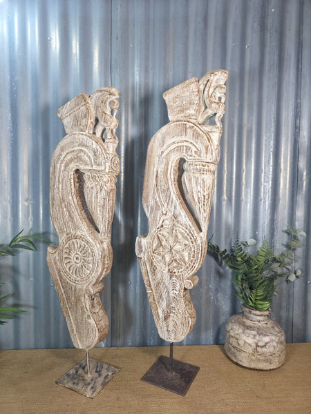 Pair Of Antique 19th Century Indian Hand Carved Wooden Architectural Corbels
