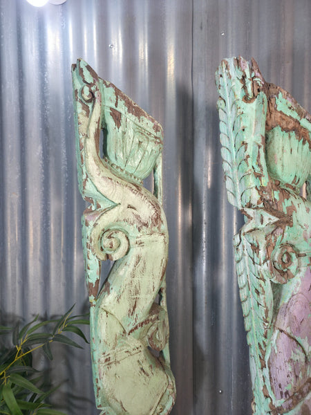 Pair Of Antique 19th Century Indian Hand Carved Wooden Architectural Corbels