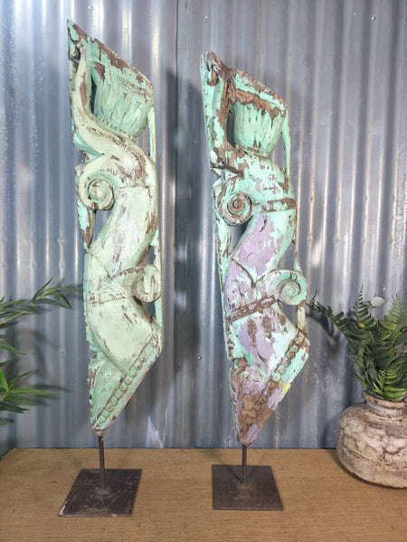 Pair Of Antique 19th Century Indian Hand Carved Wooden Architectural Corbels