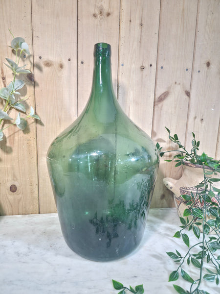 Vintage Rustic French Large Green Hand Blown Glass Demijohn Carboy Wedding Prop