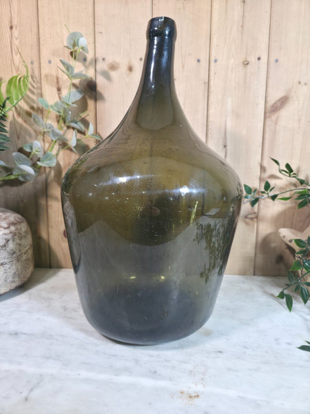 Vintage Rustic French Large Green Hand Blown Glass Demijohn Carboy Wedding Prop