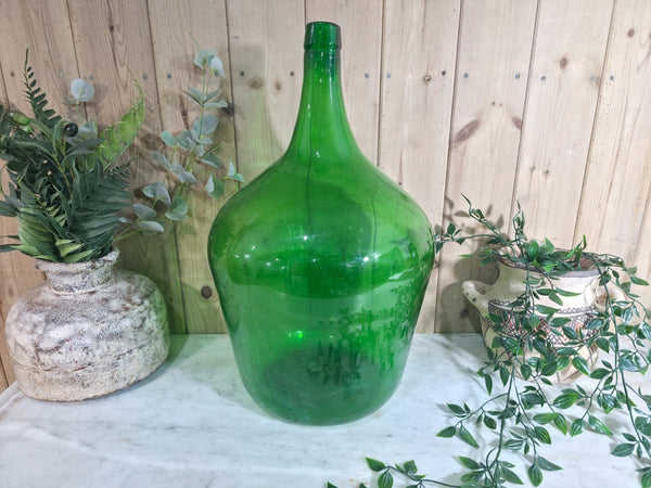 Vintage Rustic French Large Green Hand Blown Glass Demijohn Carboy Wedding Prop