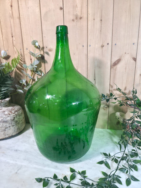 Vintage Rustic French Large Green Hand Blown Glass Demijohn Carboy Wedding Prop