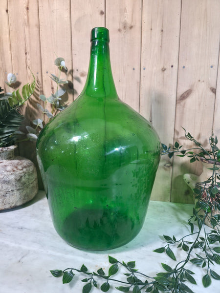 Vintage Rustic French Large Green Hand Blown Glass Demijohn Carboy Wedding Prop