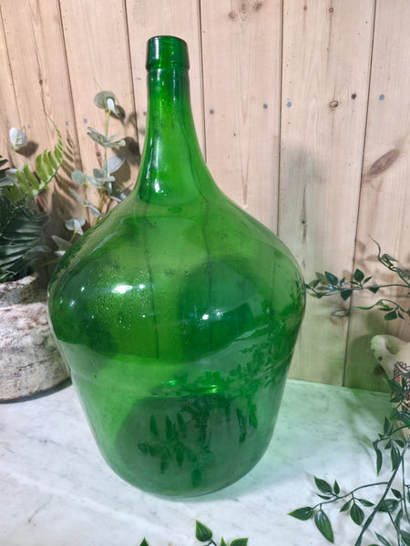 Vintage Rustic French Large Green Hand Blown Glass Demijohn Carboy Wedding Prop