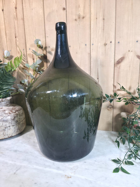 Vintage Rustic French Large Green Hand Blown Glass Demijohn Carboy Wedding Prop