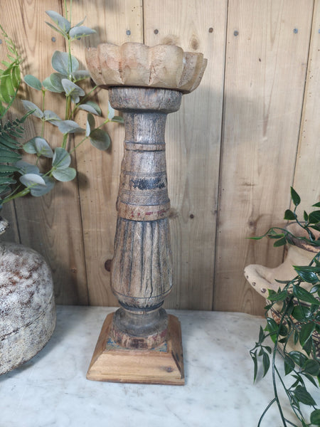 Vintage Reclaimed Wabi Sabi Rustic Indian Wooden Candlestick Candle Holder