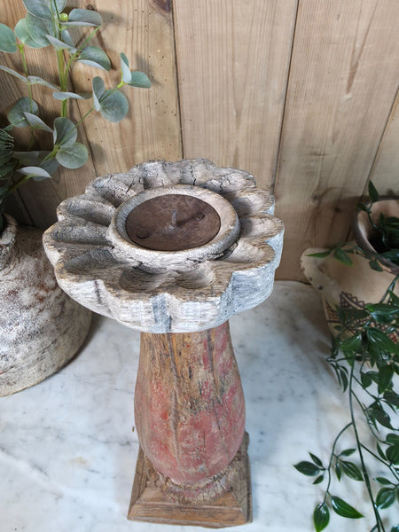 Vintage Reclaimed Wabi Sabi Rustic Indian Wooden Candlestick Candle Holder