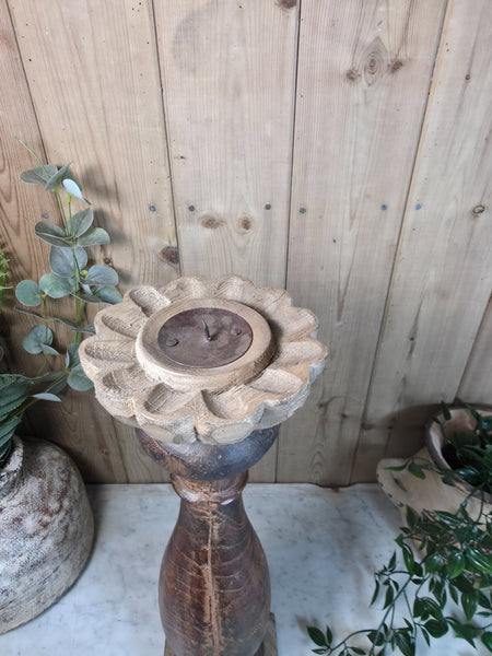 Vintage Reclaimed Wabi Sabi Rustic Indian Wooden Candlestick Candle Holder