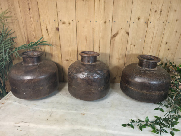 Old Vintage Rustic Wabi Sabi Heavy Duty Metal Iron Indian Water Pot Vase Carrier