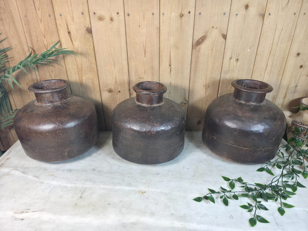 Old Vintage Rustic Wabi Sabi Heavy Duty Metal Iron Indian Water Pot Vase Carrier
